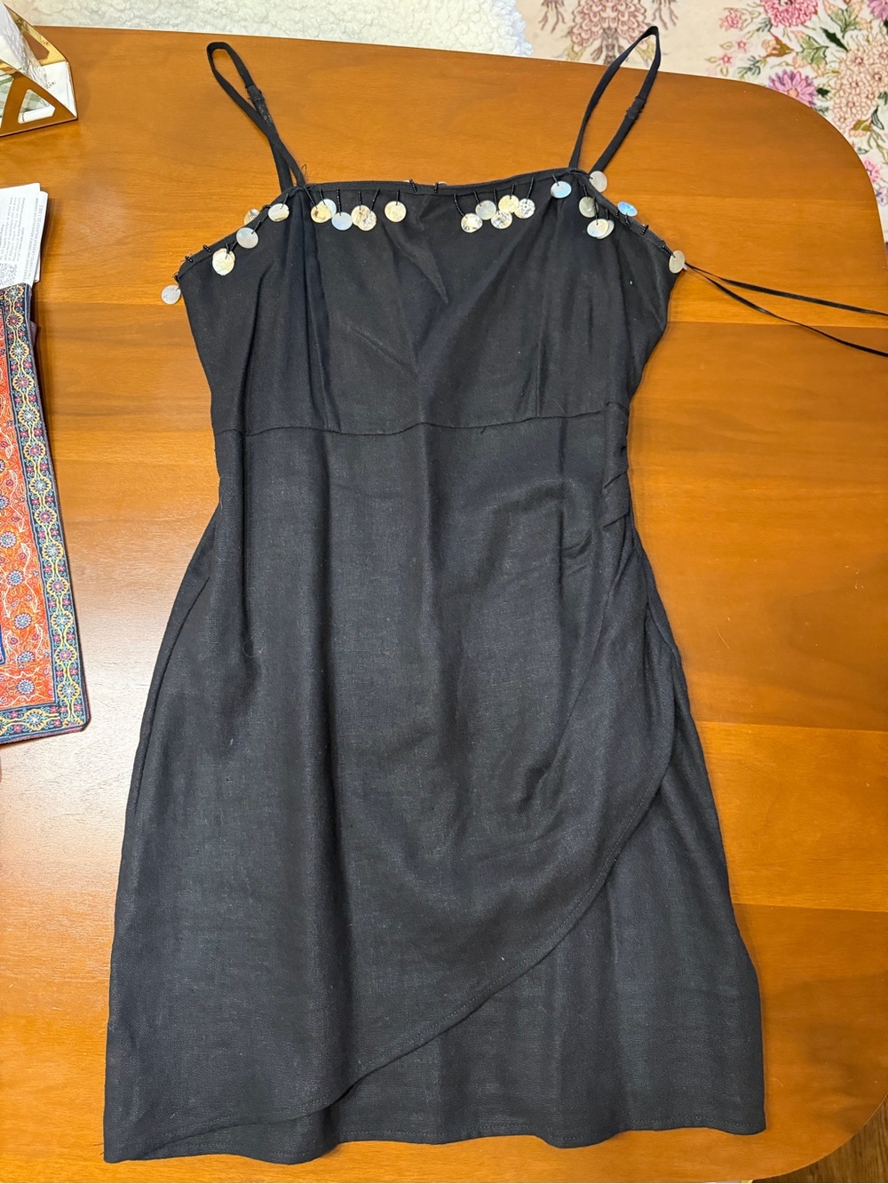 Zara Black Spaghetti-Strap Mini Dress with Silver Coin Trim